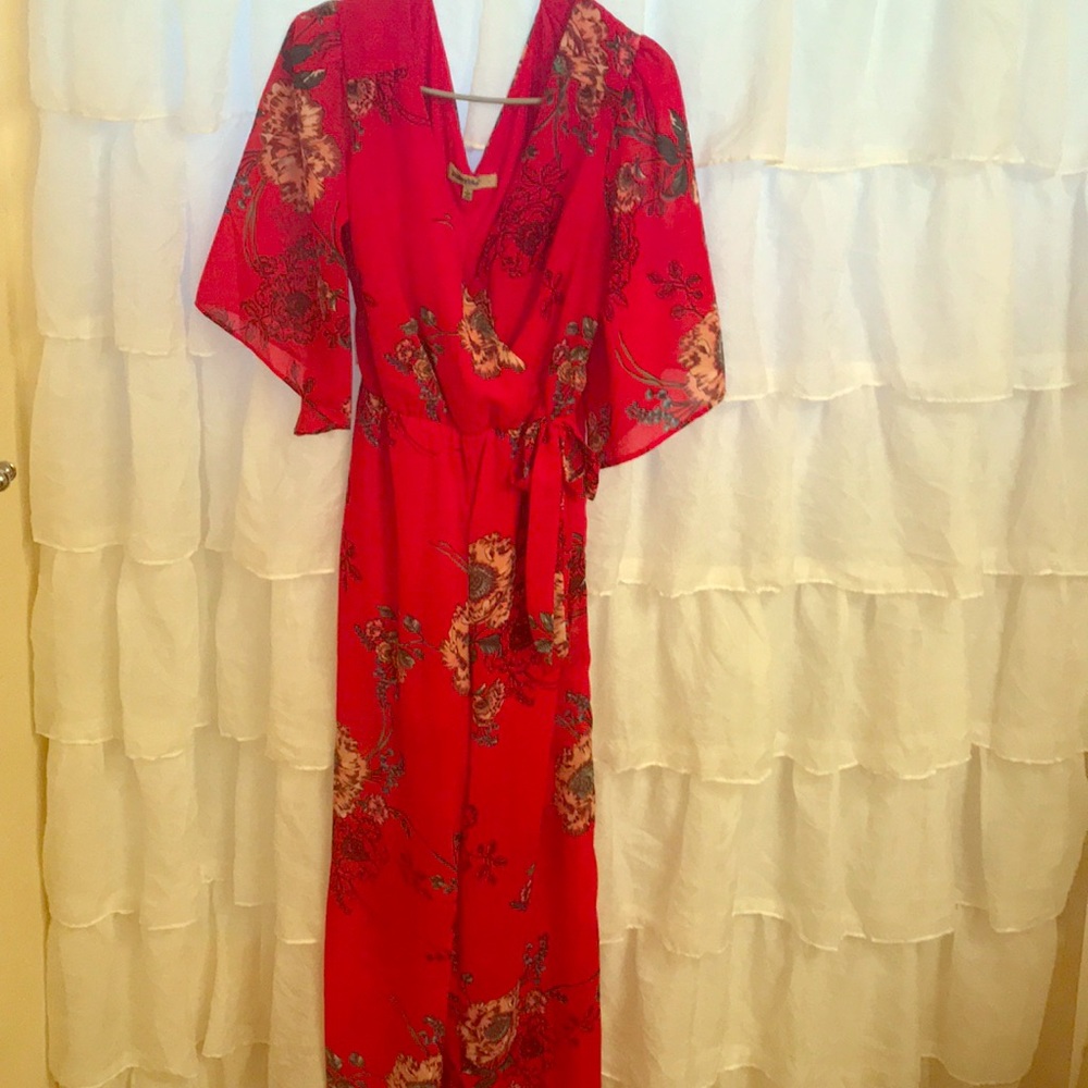 Red floral pant romper